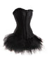 Women’s Black Satin Black Tutu Skirt Gothic Valentine Burlesque Bustier Waist Training Costume Overbust Corset Dress
