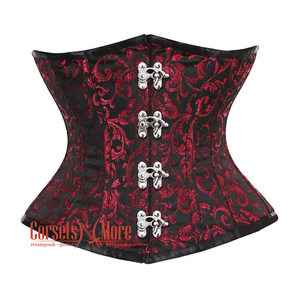 Red And Black Brocade Front Clasps Waist Training Steampunk Costume Underbust Corset