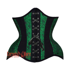 Green Black Brocade Black Cotton Stripe Front Lace Steampunk Underbust Corset
