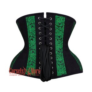 Plus Size Green Black Brocade Black Cotton Stripe Antique Clasps Steampunk Underbust Corset