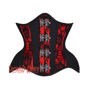 Plus Size Black Cotton Red Satin Net Overlay Stripe Front Clasps Steampunk Underbust Corset