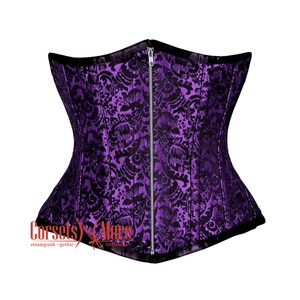 Plus Size Purple And Black Brocade Front Zip Steampunk Gothic Waist Training Underbust Corset Bustier Top
