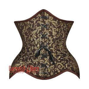 Plus Size Brown And Golden Brocade Front Lace Double Bone Steampunk Gothic Waist Training Underbust Corset