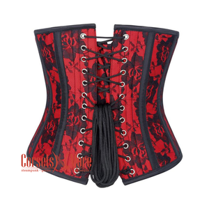 Red Satin Black Net Overlay Burlesque Gothic Underbust Waist Training Corset