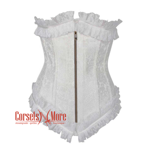 White Brocade Antique Zipper Net Frill Design Gothic Waist Training Underbust Corset Bustier Top