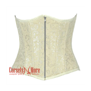 Ivory Brocade Silver Zipper Gothic Burlesque Waist Training Underbust Corset Bustier Top