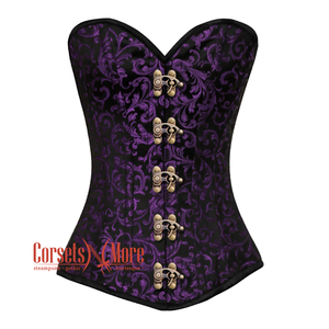 Plus Size Purple And Black Brocade Antique Clasps Gothic Corset Burlesque Overbust Top