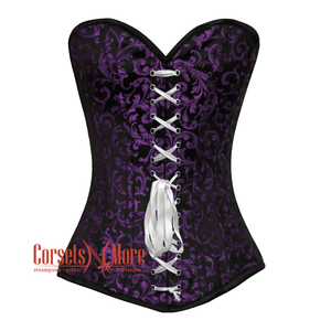 Plus Size Purple And Black Brocade Front Lace Gothic Corset Overbust Top