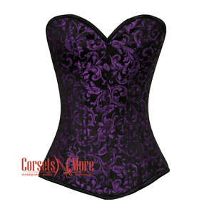 Purple And Black Brocade Front Closed Gothic Corset Overbust Top