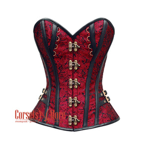 Plus Size Red And Black Brocade Antique Clasps Steampunk Costume Gothic Corset Overbust Top