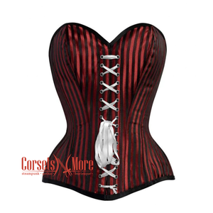 Red And Black Striped Brocade Front Lace Steampunk Costume Gothic Corset Overbust Top