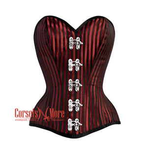 Plus Size Red And Black Striped Brocade Silver Clasps Steampunk Costume Gothic Corset Overbust Top