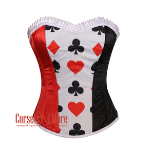 Red Black Satin With White Frill Overbust Christmas Corset Bustier Top