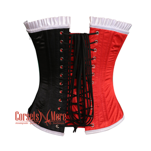 Plus Size Red Black Satin With White Frill Overbust Christmas Corset Bustier Top