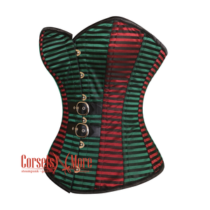 Plus Size Red And Green Stripe Brocade Gothic Overbust Corset Top