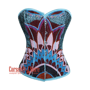 Plus Size Baby Blue Satin Sequins Work Burlesque Waist Training Gothic Overbust Corset Top