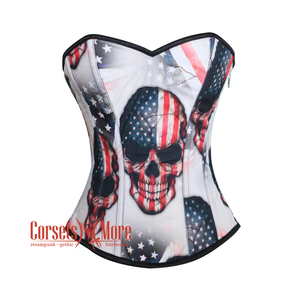 Plus Size USA Flag Print Skull Cotton Gothic Overbust Burlesque Haunted Corset Top