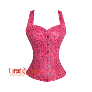 Pink Butterfly Printed Soft Leather Corset With Shoulder Strap Overbust Waist Training Top