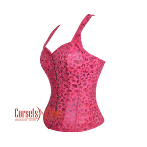 Plus Size Pink Butterfly Printed Soft Leather Corset With Shoulder Strap Overbust Waist Training Top