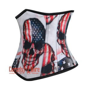 Plus Size USA Flag Printed Skull Cotton Underbust Gothic Corset Top Haunted Costume
