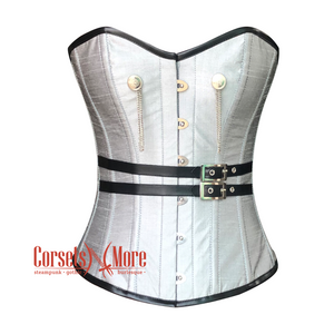 Plus Size White Silver Silk Corset With Leather Belt Steampunk Overbust Waist Training Gothic Costume