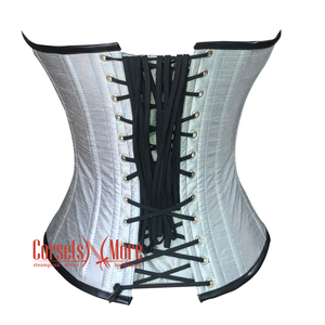 Plus Size White Silver Silk Corset With Leather Belt Steampunk Overbust Waist Training Gothic Costume