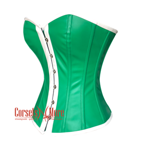 Green Faux Leather White PVC Gothic Overbust Steampunk Waist Cincher Corset