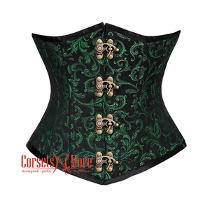 Plus Size Green And Black Brocade With Front Clasps Underbust Corset Gothic Costume Bustier Top