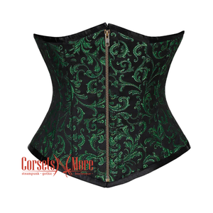 Plus Size Green And Black Brocade With Front Antique Zipper Underbust Corset Gothic Costume Bustier Top
