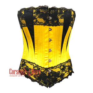 Plus Size Yellow Satin Black Net Gothic Overbust Burlesque Corset Waist Training Top
