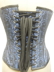 Blue Brocade Sequins Gothic Burlesque Corset Waist Cincher Overbust - CorsetsNmore