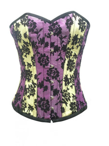 Plus Size Yellow Purple Satin Gothic Burlesque Corset Floral Overbust Tissue Flocking