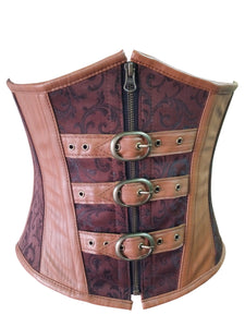 Brown Brocade & Leather Gothic Steampunk Waist Training Bustier Underbust Corset Costume