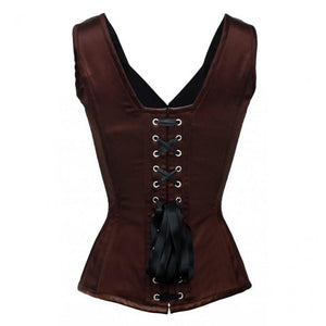 Brown Satin With Shoulder Strap Gothic Burlesque Bustier Waist Training Overbust Corset Costume