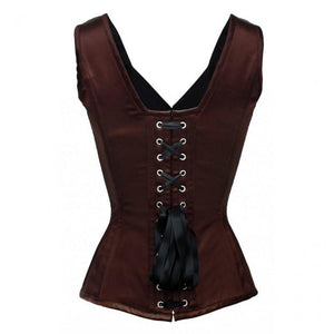 Plus Size Brown Satin Shoulder Strap Gothic Burlesque Bustier Waist Training Overbust Corset Costume