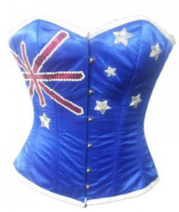 Blue Satin Australia Flag Sequins Handwork Waist Training Overbust Corset Top