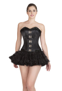 Black Satin & Lace Steampunk Waist Training Plus Size Overbust Corset Top & Tissue Tutu Skirt Dress - CorsetsNmore