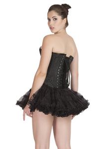 Black Brocade Burlesque Plus Size Waist Training Overbust Corset with Tissue Tutu Skirt Dress - CorsetsNmore