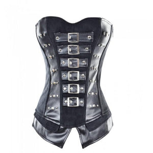 Plus Size Black Satin & Faux Leather Gothic Steampunk Bustier Burlesque Overbust Corset Costume