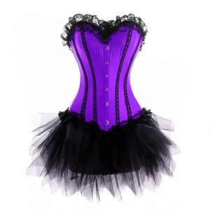 Purple Satin Gothic Burlesque Bustier Waist Training Costume Overbust Corset Dress