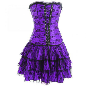 Purple Satin Gothic Burlesque Bustier Waist Training Mardi Gras Costume Overbust Corset Dress