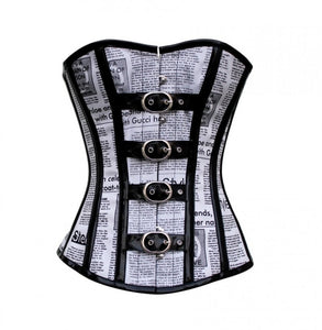 Black And White Newspaper Print Overbust Plus Size Corset With Leather Straps Steampunk Costume - CorsetsNmore