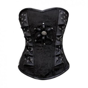 Black Brocade with Leather Patches Gothic Plus Size corset Waist Trainer Steampunk Costume - CorsetsNmore
