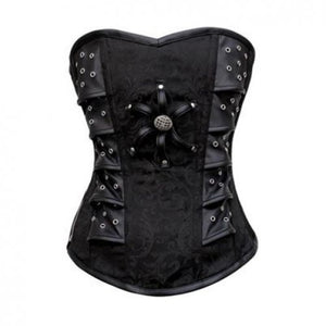 Plus Size Black Brocade with Leather Patches Overbust Corset Gothic Steampunk Costume