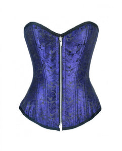 Blue Brocade Double Bone Plus Size Overbust Corset Waist Training Gothic Costume - CorsetsNmore