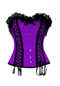 Plus Size Purple Satin Black Lacing Overbust Corset Waist Training Burlesque Costume