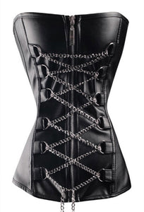 Plus Size Black Leather Laced Chain Buckles Gothic Overbust Corset Waist Training