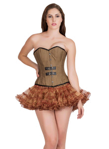 Brown Cotton Black Leather Piping Gothic Corset Steampunk Waist Training Bustier Overbust Top