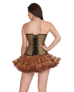 Brown Cotton Black Leather Piping Gothic Corset Steampunk Waist Training Bustier Overbust Top
