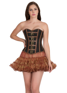 Plus Size Black Brocade Brown Leather Strips Steampunk Overbust Corset Waist Training Bustier Top With Tissue Tutu Skirt Dress